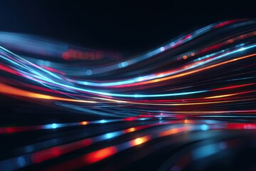 Abstract, flowing light trails of varying colors on a dark background, creating a dynamic, futuristic scene