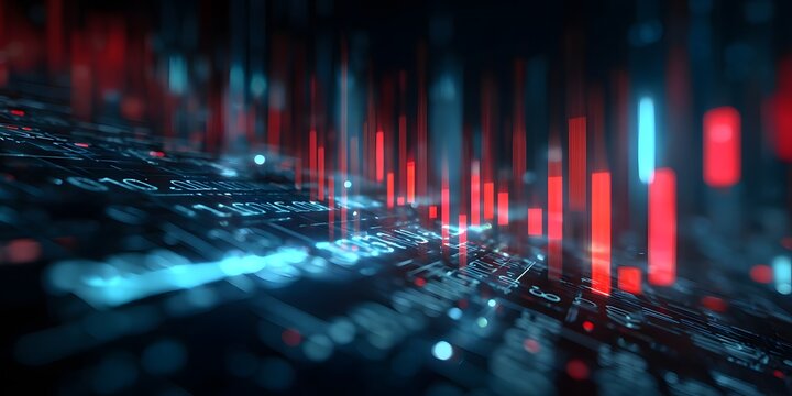 Abstract digital cityscape with vibrant neon lights and futuristic architectural elements in a dark atmospheric setting