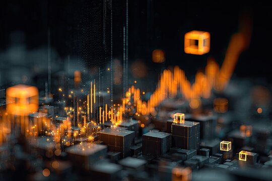 Abstract digital representation, cubes and lines glowing orange, hinting at financial trends