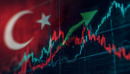 Turkish flag overlayed on a financial stock market chart showing upward trends and economic growth