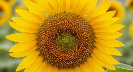 Obraz premium Close up of a vibrant yellow sunflower in full bloom with a detailed brown center and soft blurred background
