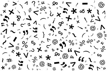 Creative abstract pattern filled with punctuation marks, typographic symbols, and characters on a white background. Ideal for stationery design, education materials and posters.
