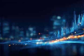 Digital cityscape with data visualization, glowing particles, and a blurred city skyline