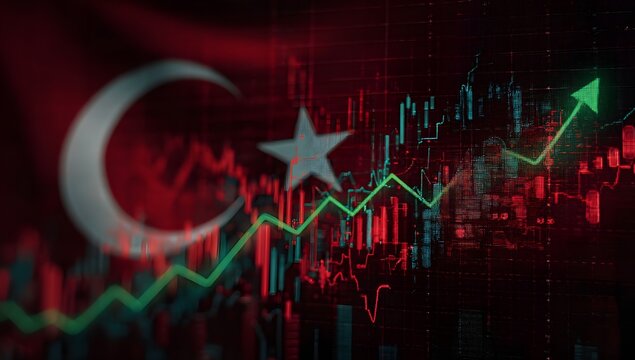 Abstract representation of turkish economic growth and financial market trends with national flag overlay
