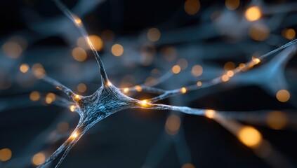 Illuminated neural network illustration with glowing nodes connected by intricate, blue lines on black background