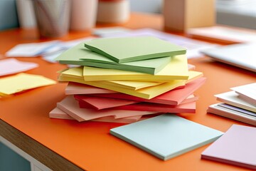 Stacked colorful square sticky notes on bright orange table with papers and laptop in background