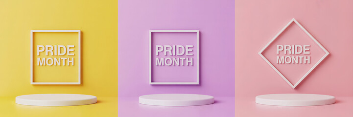 Three pastel colored podiums with pride month text in frames, celebrating lgbtq pride and inclusivity