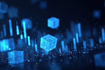 Floating glowing blue cubes and vertical elements against a dark blue background