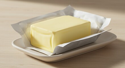 A stick of butter on a white butter dish, partially unwrapped for commercial usage and mockups