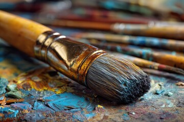 Fototapeta premium A close-up photograph showcases several paintbrushes resting atop a vibrant, well-used palette
