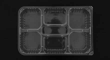 Empty clear plastic bento box with six compartments on a black background for commercial usage and mockups