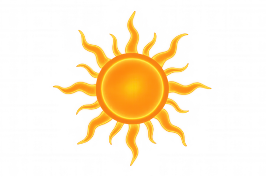 Stylized sun illustration representing heat, energy, light, and warmth with a vibrant orange and yellow gradient on transparent background