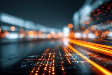 Abstract cityscape with blurred lights, streaks, and digital glowing dots against a dark blue sky