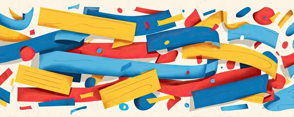 Fototapeta premium Colorful abstract composition featuring ribbons and shapes in primary colors, layered on a cream backdrop