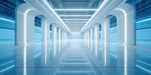 A futuristic, luminous hallway bathed in cool blue light, with reflective floor and arched columns