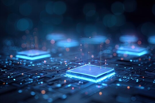 Futuristic digital circuit board illuminated in blue, showcasing data processing and communication