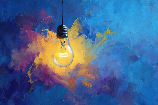 A hanging incandescent light bulb with a glowing filament against an abstract, colorful backdrop