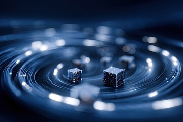 Futuristic abstract image of glowing cubes in a spiraling vortex of light and blurred bokeh