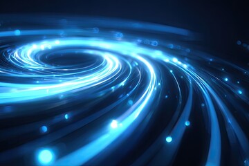 Abstract swirling neon blue light trails forming a spiral, illuminating the dark background