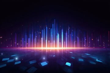 Abstract visual display with vibrant blue, purple, and gold light beams rising from a luminous plane