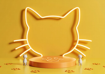 A bright orange neon cat head outline with a podium and two small cat figurines in front of a yellow background, creating a playful and modern aesthetic