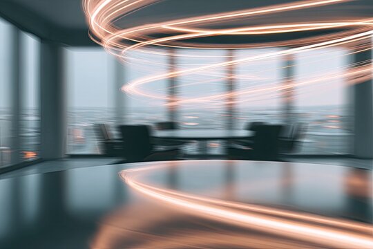 Modern boardroom scene with light trails swirling around a round table and cityscape view