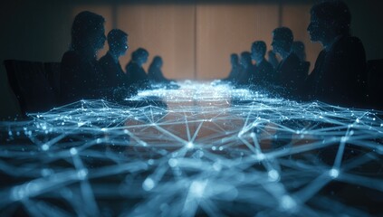 Silhouetted figures at a large table, with an overlaid network design highlighting connection