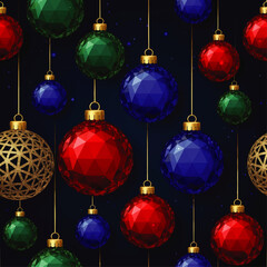 Obraz premium Festive Christmas ornaments hanging against a dark blue background, creating a decorative pattern.