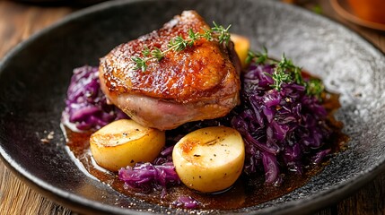 Roast duck thigh baked apples and braised red cabbage served