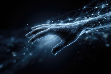 A digital rendering of a hand reaching out, formed by connecting lines and luminous points