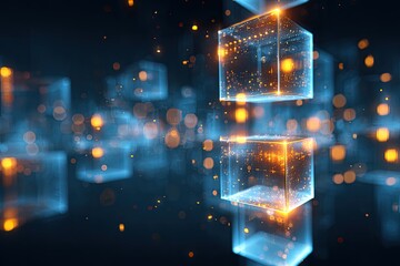 Abstract 3D rendering features glowing transparent cubes with particles, blurred bokeh background