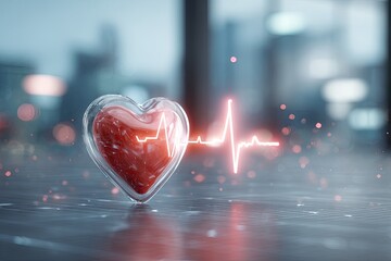 A translucent heart encased in glass with an animated heartbeat line, city blur background