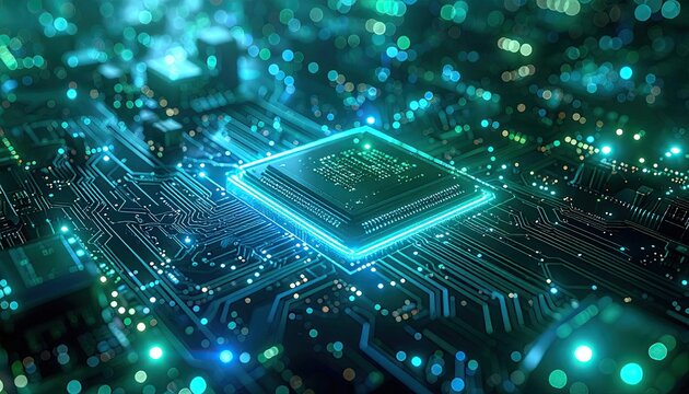 Glowing Microchip Processor with Blue and Green Circuit Board Lights and Bokeh Effect