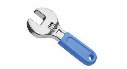 Obraz premium A close-up studio shot presents a shiny, adjustable wrench with a blue handle, isolated on a clean white background, ready for various mechanical tasks.