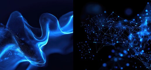 A split image features two digital abstract compositions. Glowing blue waves flow, linked lines and nodes form a network