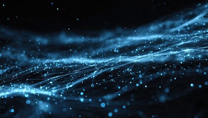 Abstract digital network visualization with glowing blue particles and connected lines on a black background
