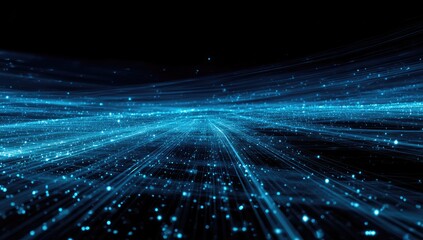 Abstract blue glowing lines and dots against a black background, suggesting digital data flow