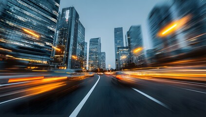 Blurring cityscape at dusk with streaking vehicle lights on a busy urban road