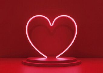 A glowing neon heart shape on a red podium, symbolizing love and romance in a vibrant display