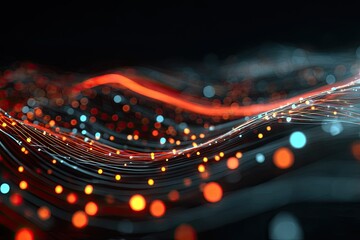 Abstract, dynamic illustration featuring flowing lines of light with glowing orbs in a dark space