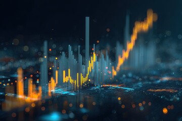 Abstract graph visualization with rising data bars, glowing highlights, on a blurred, dark background