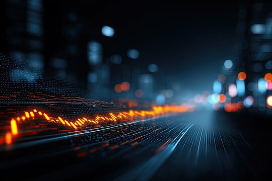 Dynamic abstract depiction of a city street with a data-driven, glowing orange line - Powered by Adobe
