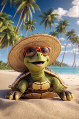 Turtle Wearing Straw Hat and Orange Sunglasses on Sandy Beach with Palm Trees and Calm Ocean in Summer Scene