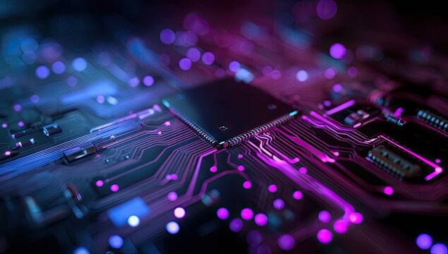 Close-up of a circuit board with a central processor, illuminated with blue and purple lights