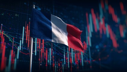 Tricolor french flag waves amidst dynamic financial market data and abstract geometric patterns