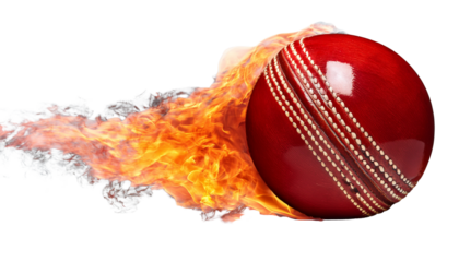 Red Cricket Ball Engulfed in Flames Isolated on plain Background – Fiery Sports Action