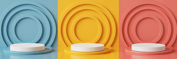 Three abstract podiums in blue, yellow, and coral, with concentric circles in the background, perfect for product display