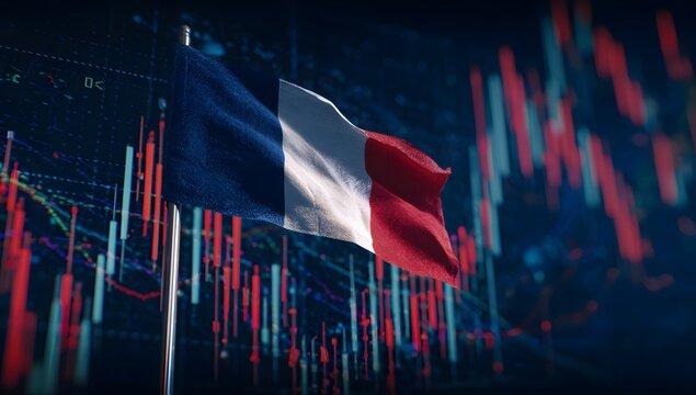 Tricolor french flag waves amidst dynamic financial market data and abstract geometric patterns