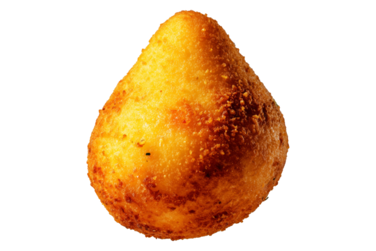 Fried Brazilian coxinha cone snack filled shredded chicken cheese with golden crispy texture isolated on white transparent background, concept of traditional street food