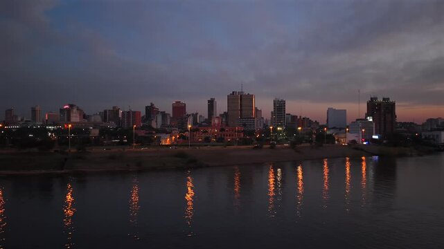 Nighttime View Of The City Of Asuncion, The Capital Of Paraguay - Drone Shot
